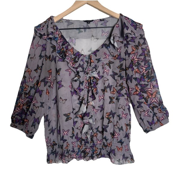 TED BAKER Sz 2 Small Purple Butterflies Ruffle Blouse 3/4 Sleeve Sheer Whimsical - Picture 2 of 13